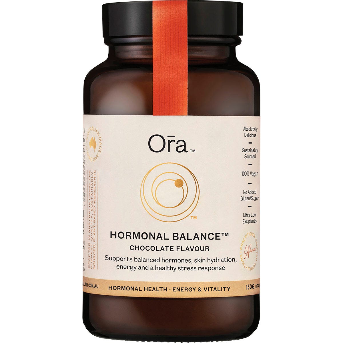150g tub of Ora Health Hormonal Balance chocolate powder with a scoop and ingredients on a white background.