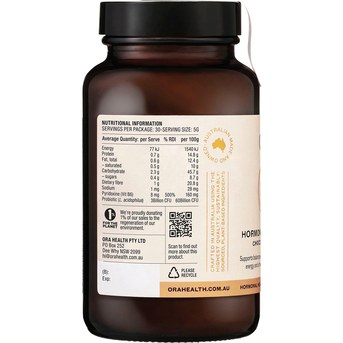 Left side view of a 150g tub of Ora Hormonal Balance chocolate powder on a white background.