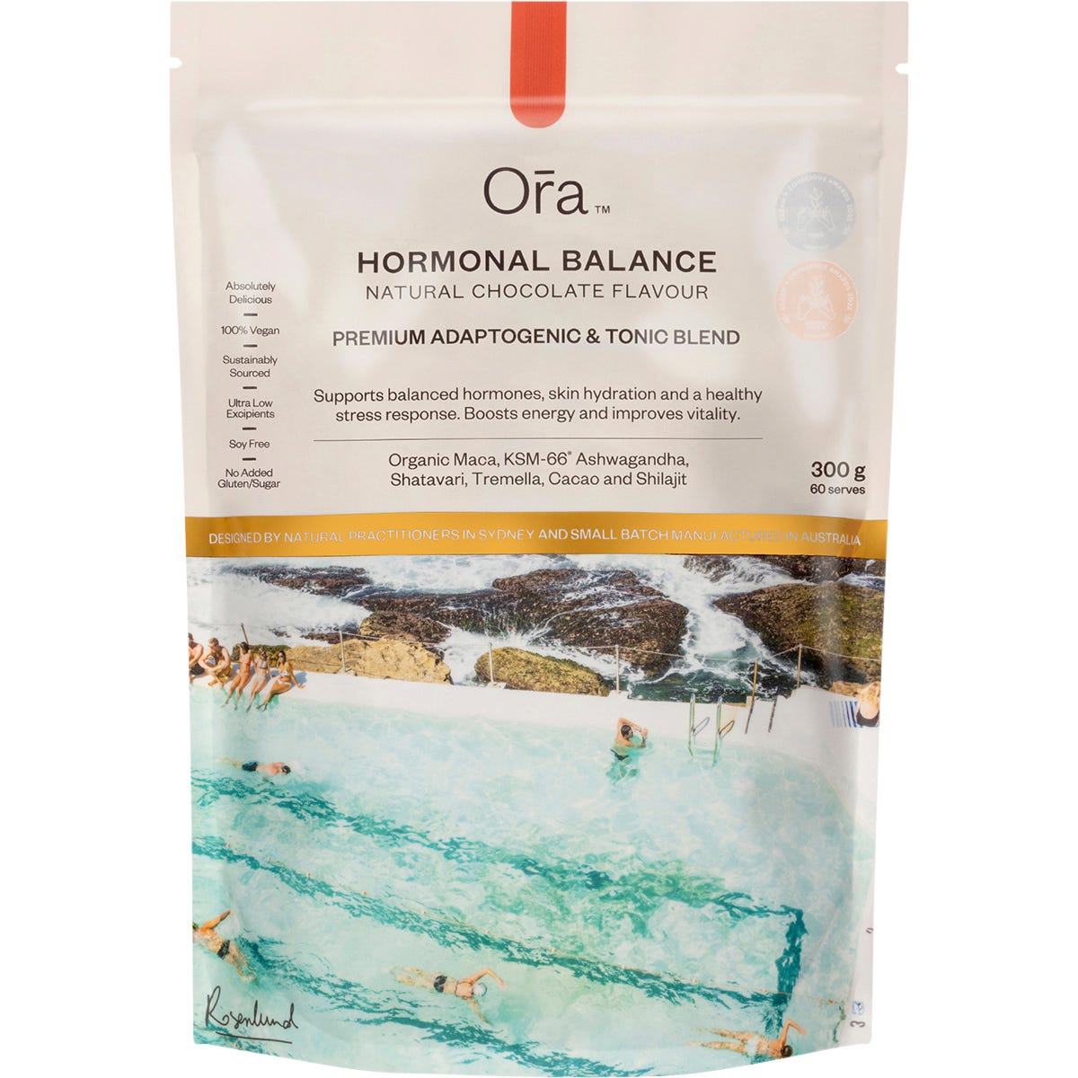 Ora Health Hormonal Balance Chocolate 300g tub with ingredients like Maca and Ashwagandha for hormone support.