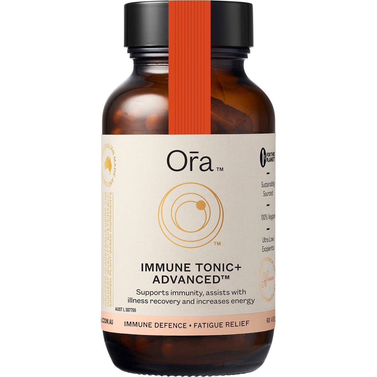 Ora Health Immune Tonic+ Advanced 60 Caps bottle featuring an orange and white label on a white background.
