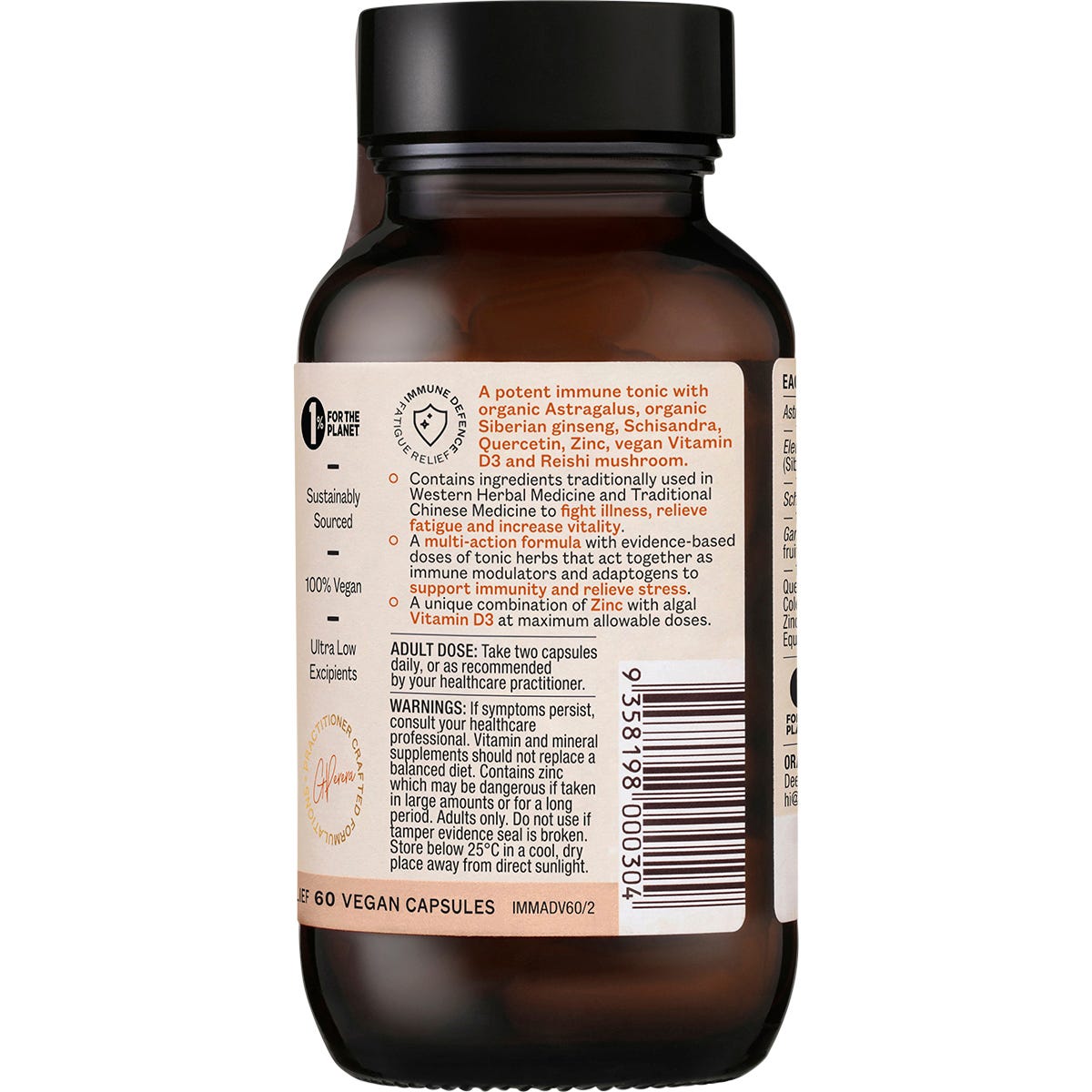 Side view of an Ora Immune Tonic+ Advanced 60-capsule bottle showing ingredients and nutrition facts.