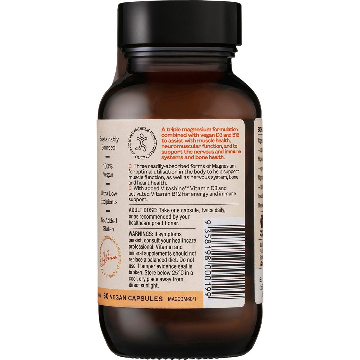Right side of Ora Mag3 Complete bottle showing dosage, ingredients, and nutritional information on a blue label.