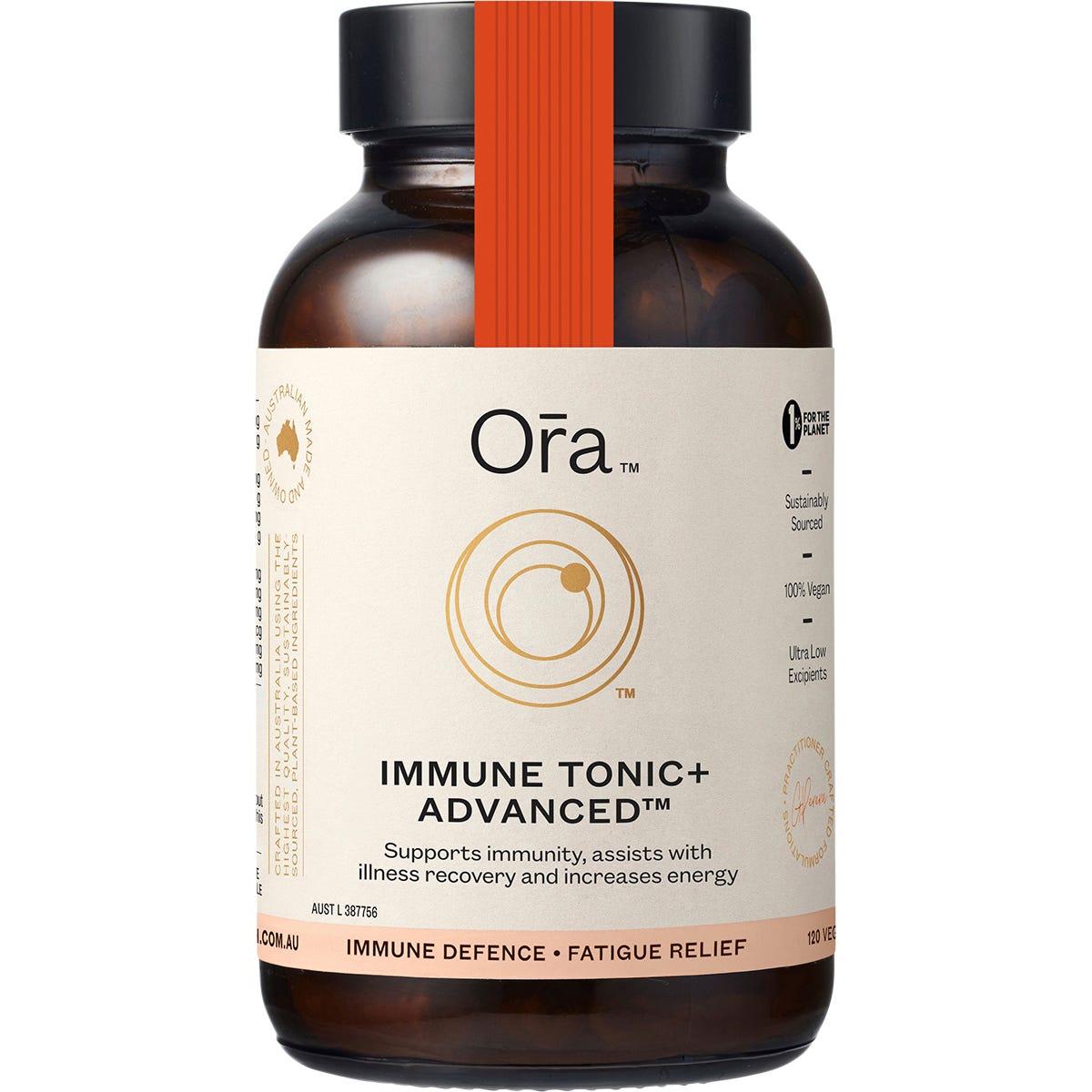 120 capsules of Ora Immune Tonic+ Advanced in a brown glass bottle with a white and gold label.