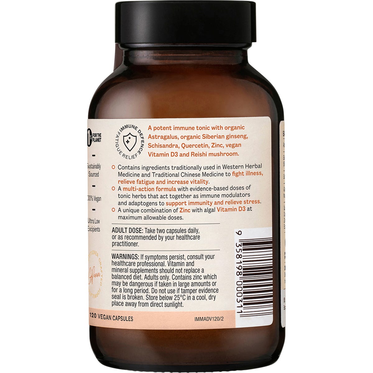 Side view of Ora Health Immune Tonic+ Advanced 120 capsules in a brown glass bottle on a white background.