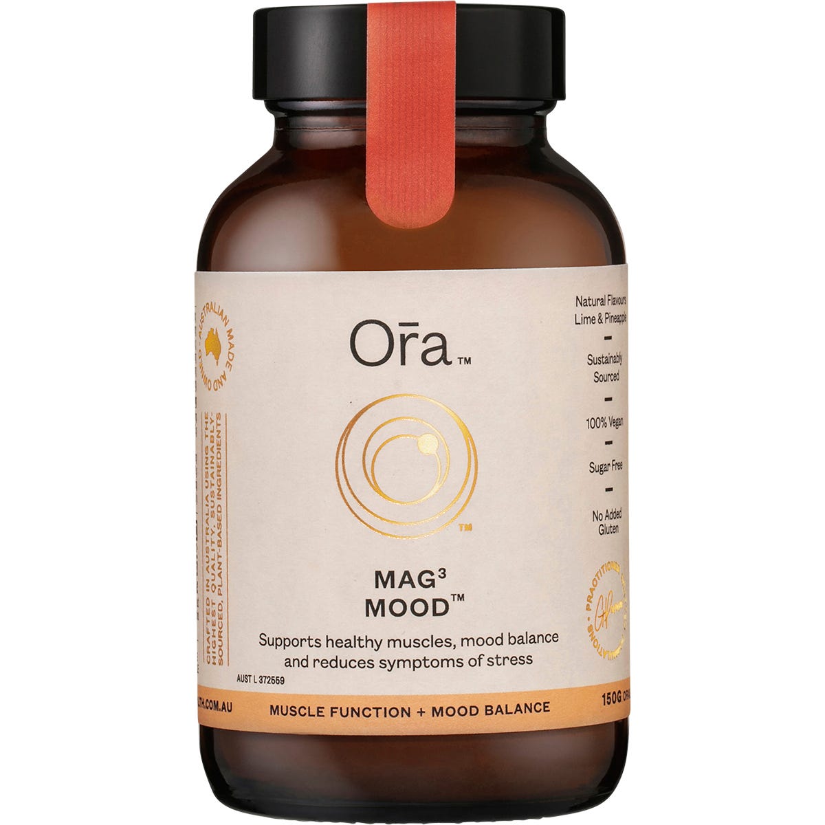 Ora Health Mag3 Mood Powder 150g tub with a blue and white label, featuring magnesium and mood-supporting herbs.