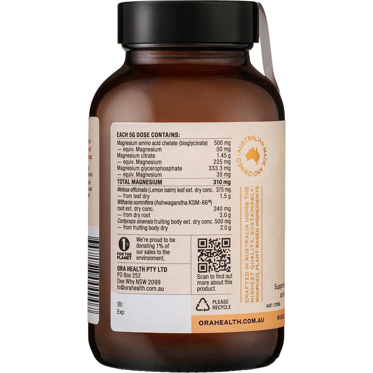 Ora Health Mag3 Mood Powder 150g tub shown from a left-angled perspective against a white background.