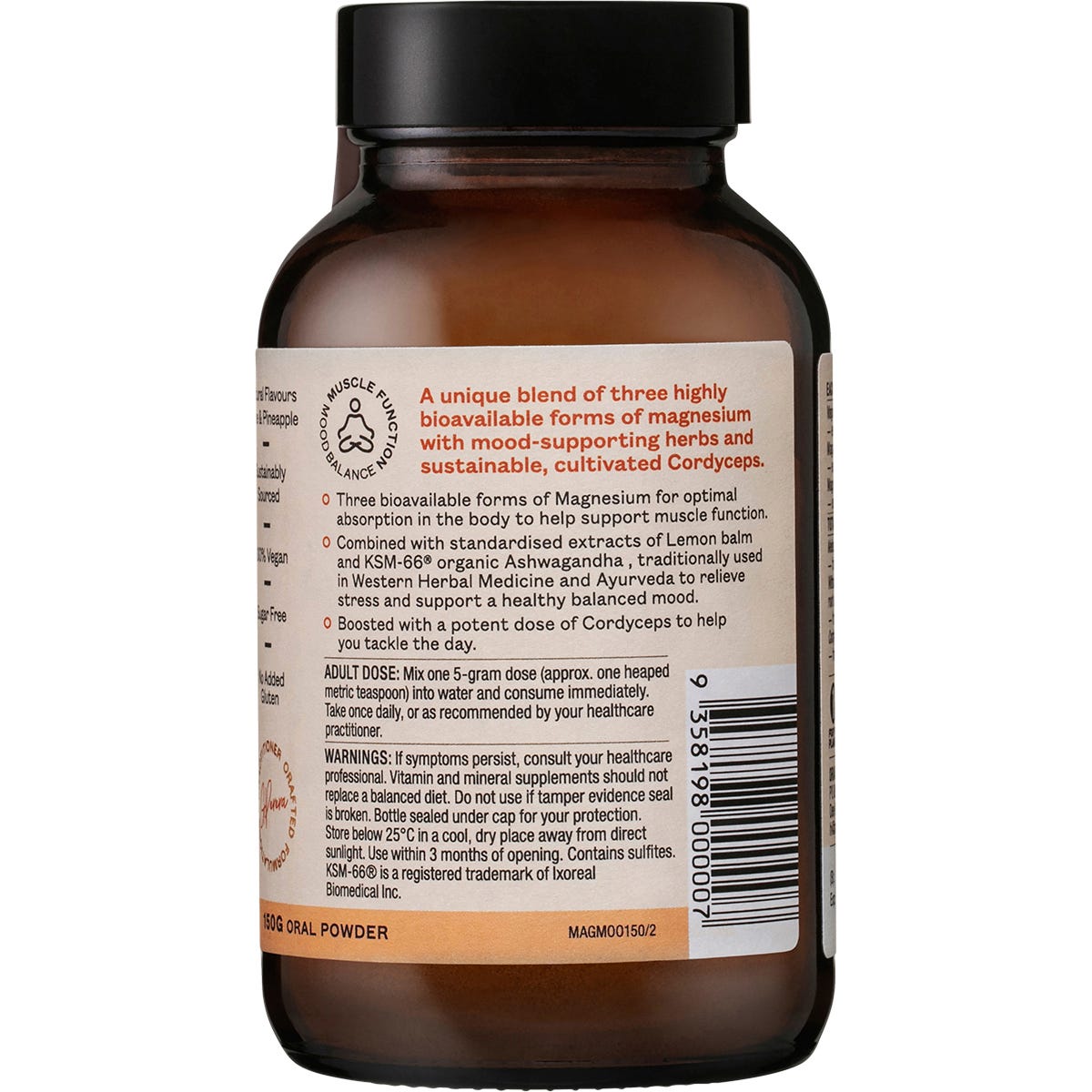 Right-angled view of an Ora Health Mag3 Mood Powder 150g tub showing product benefits on a white background.