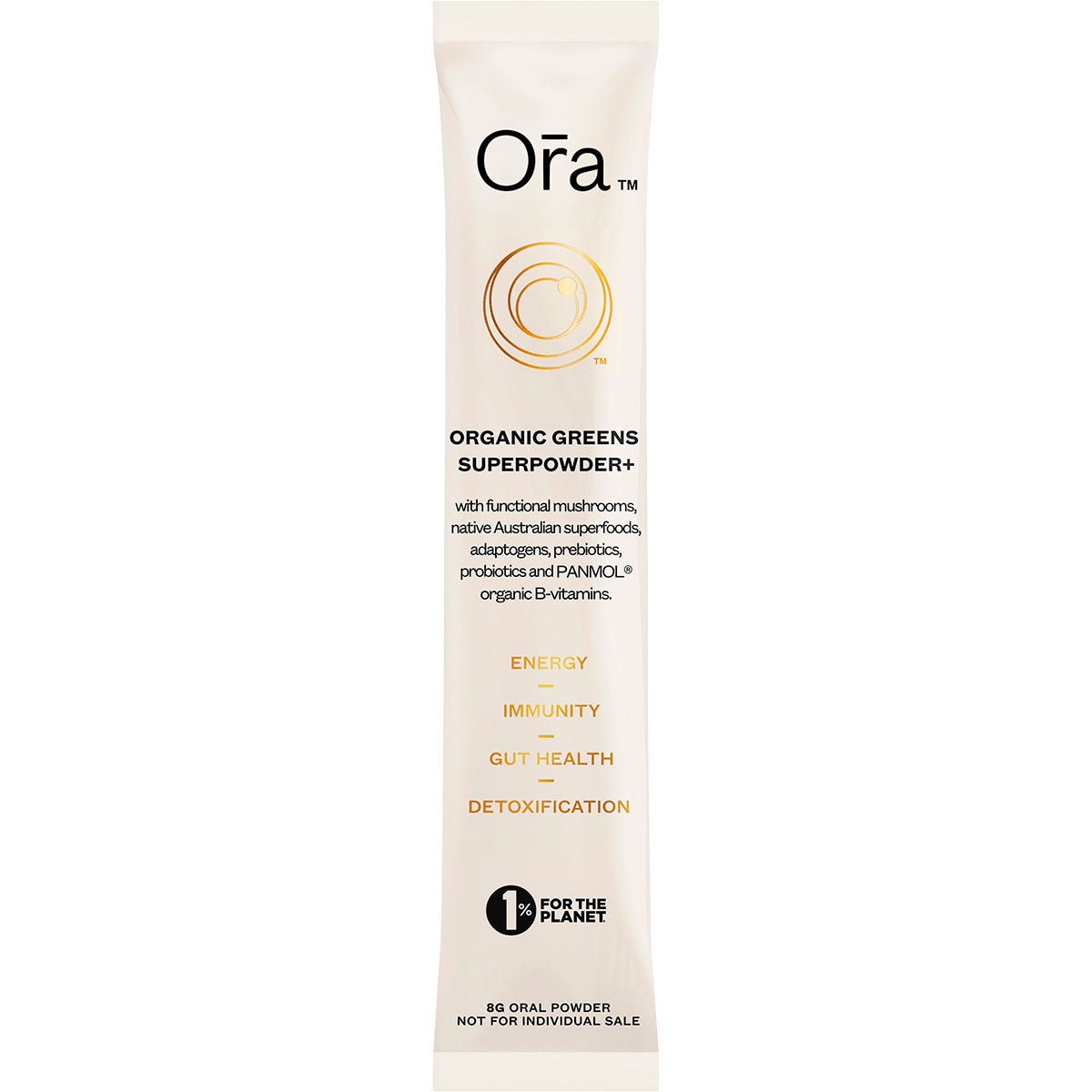 Single 8g sachet of Ora Organic Greens Superpowder+ featuring a white and green design on a white background.