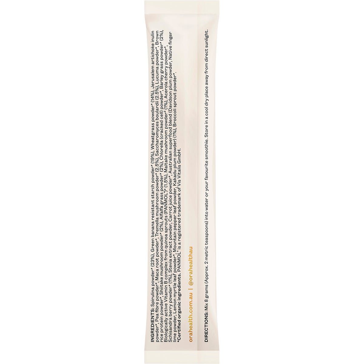 Back of Ora Organic Greens Superpowder+ sachet showing nutrition facts, ingredients, and directions.
