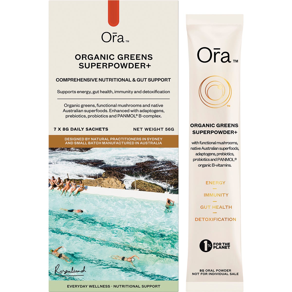 7-day pack of Ora Organic Greens Superpowder+ featuring a box and individual 8g sachets for daily nutritional support.