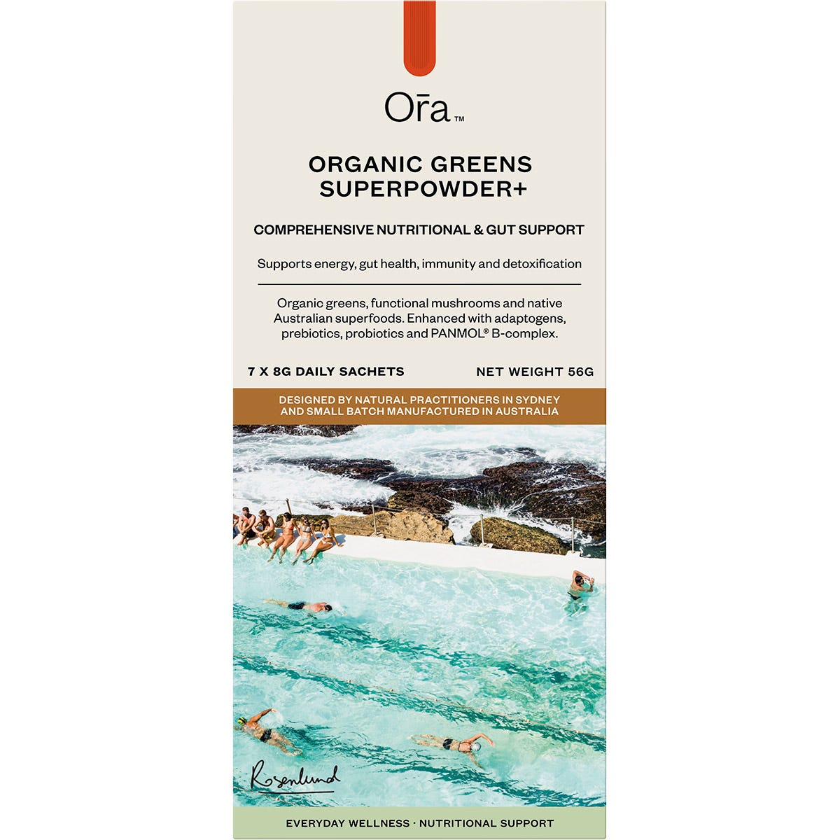 Retail display box of Ora Organic Greens Superpowder+ with individual 8g sachets on a white background.
