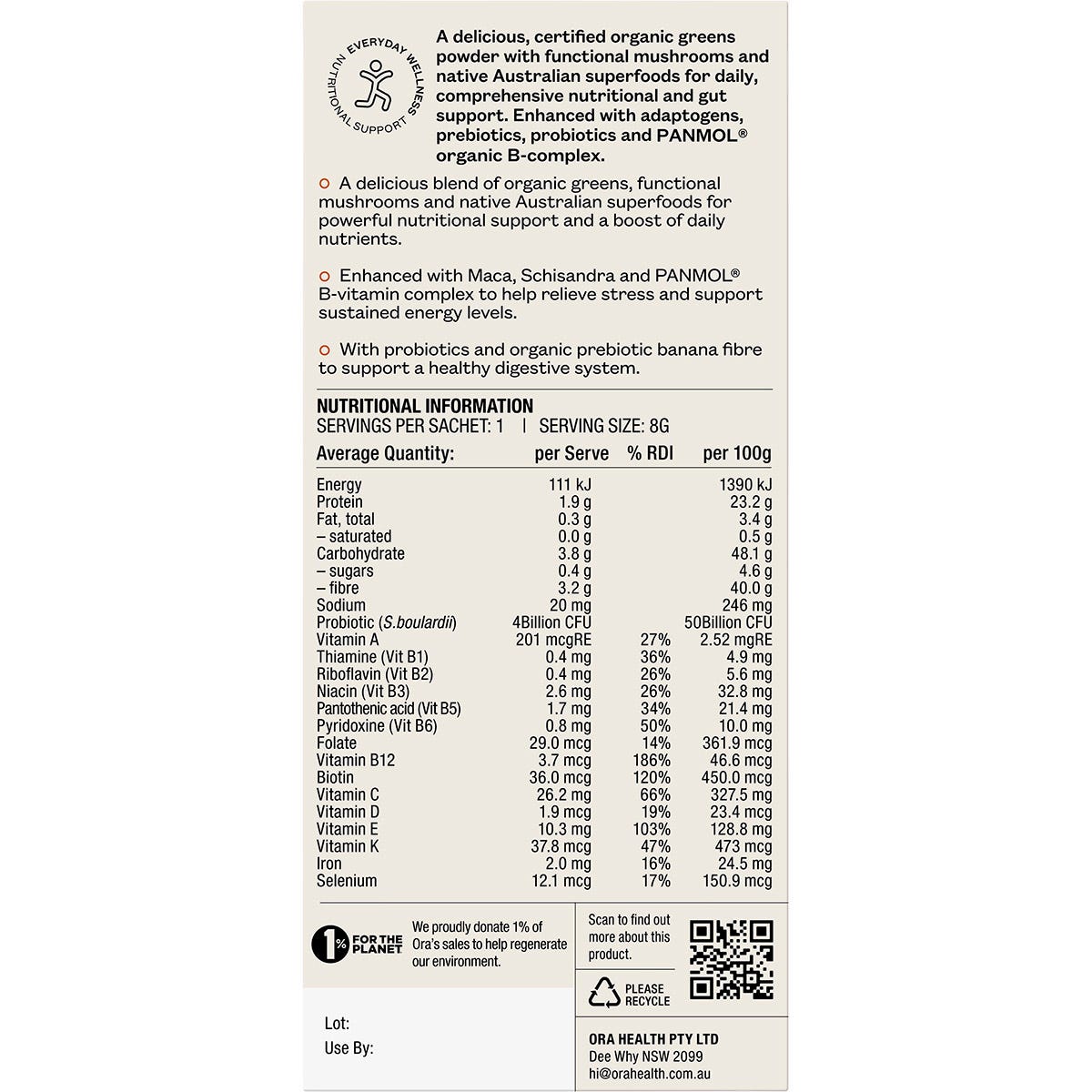 Back of Ora Organic Greens retail box showing nutrition facts, ingredients, and Australian-made certification.