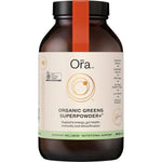 Ora Health Organic Greens Superpowder+ 240g tub featuring a green label with botanical illustrations.