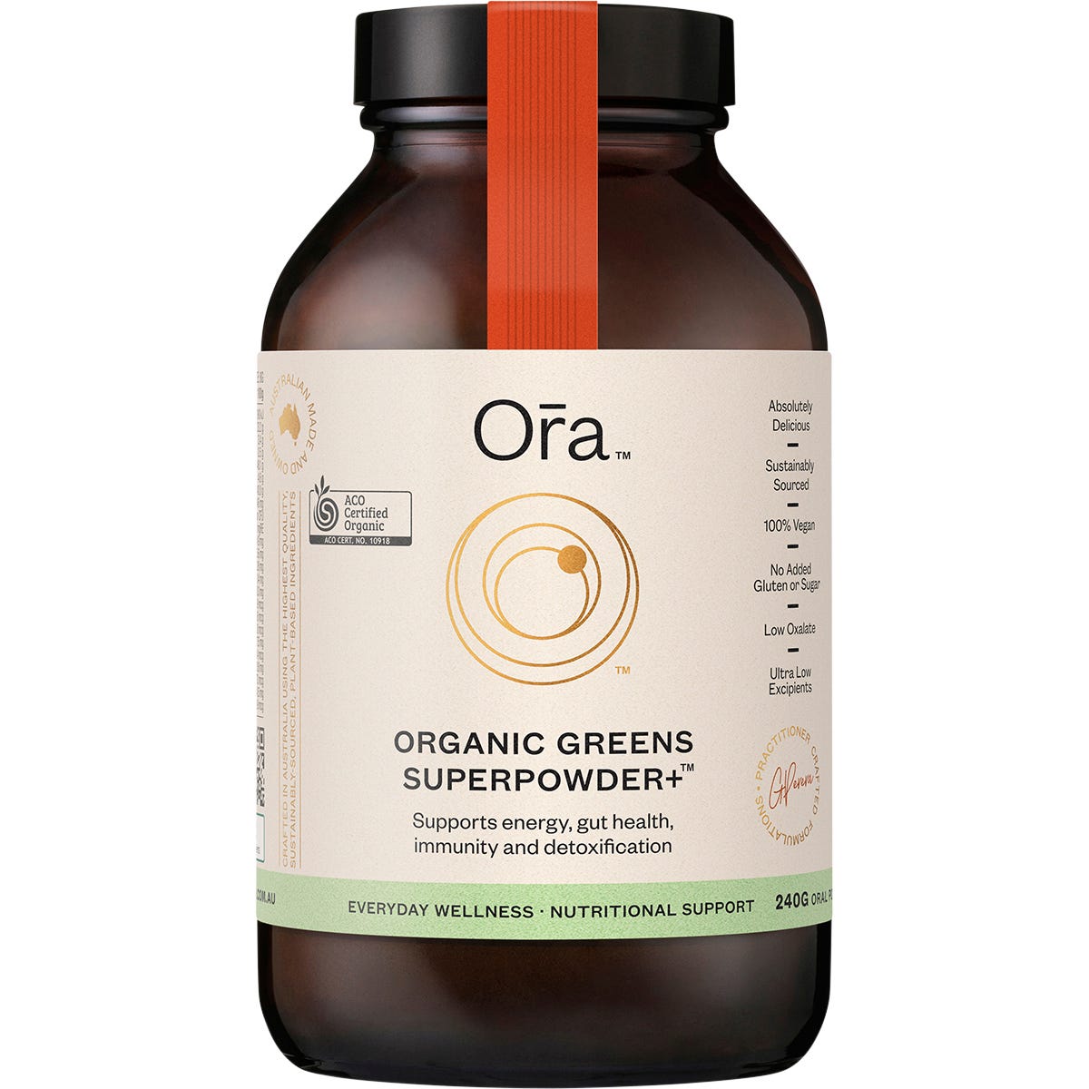 Ora Health Organic Greens Superpowder+ 240g tub featuring a green label with botanical illustrations.