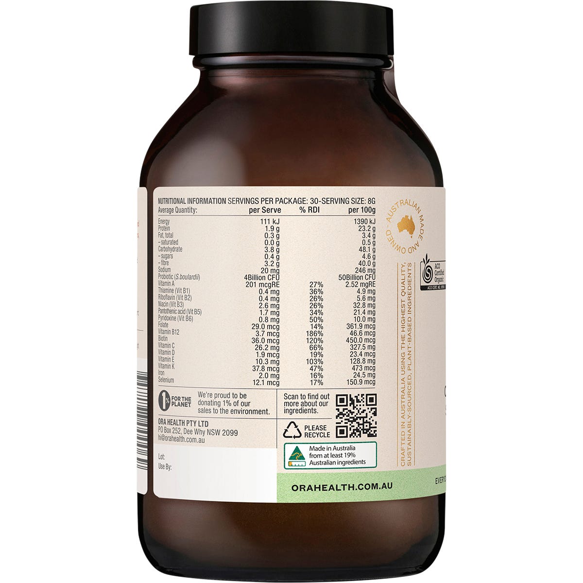 Ora Health Organic Greens Superpowder+ 240g tub shown from a left angle against a white background.