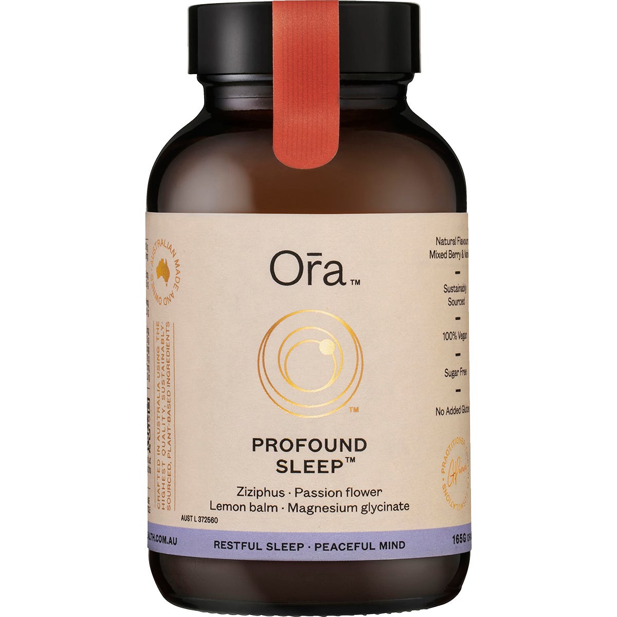 Ora Health Profound Sleep 165g powder tub with a blue and white label featuring botanical illustrations.