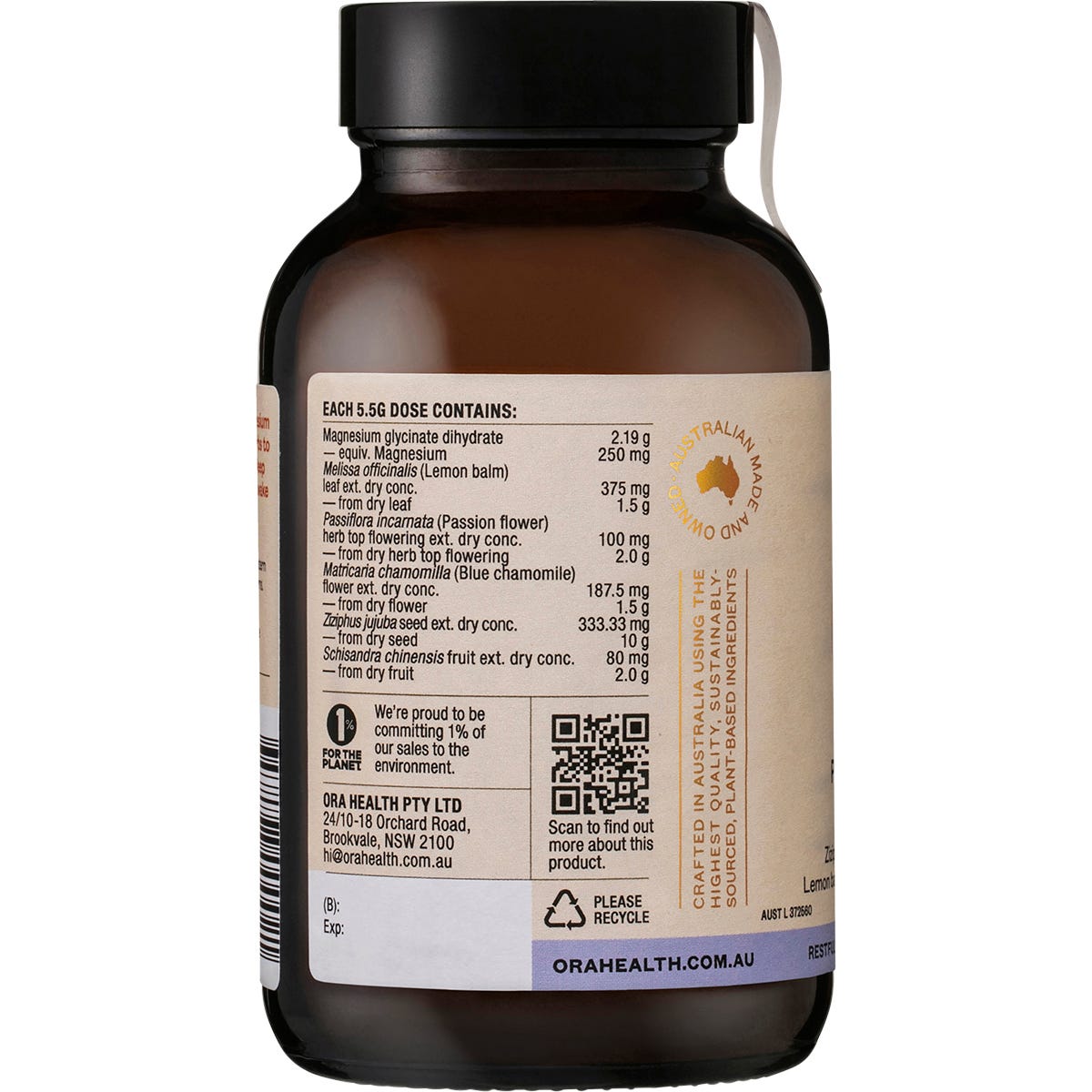 Ora Health Profound Sleep 165g powder tub with a blue and white label featuring botanical illustrations.