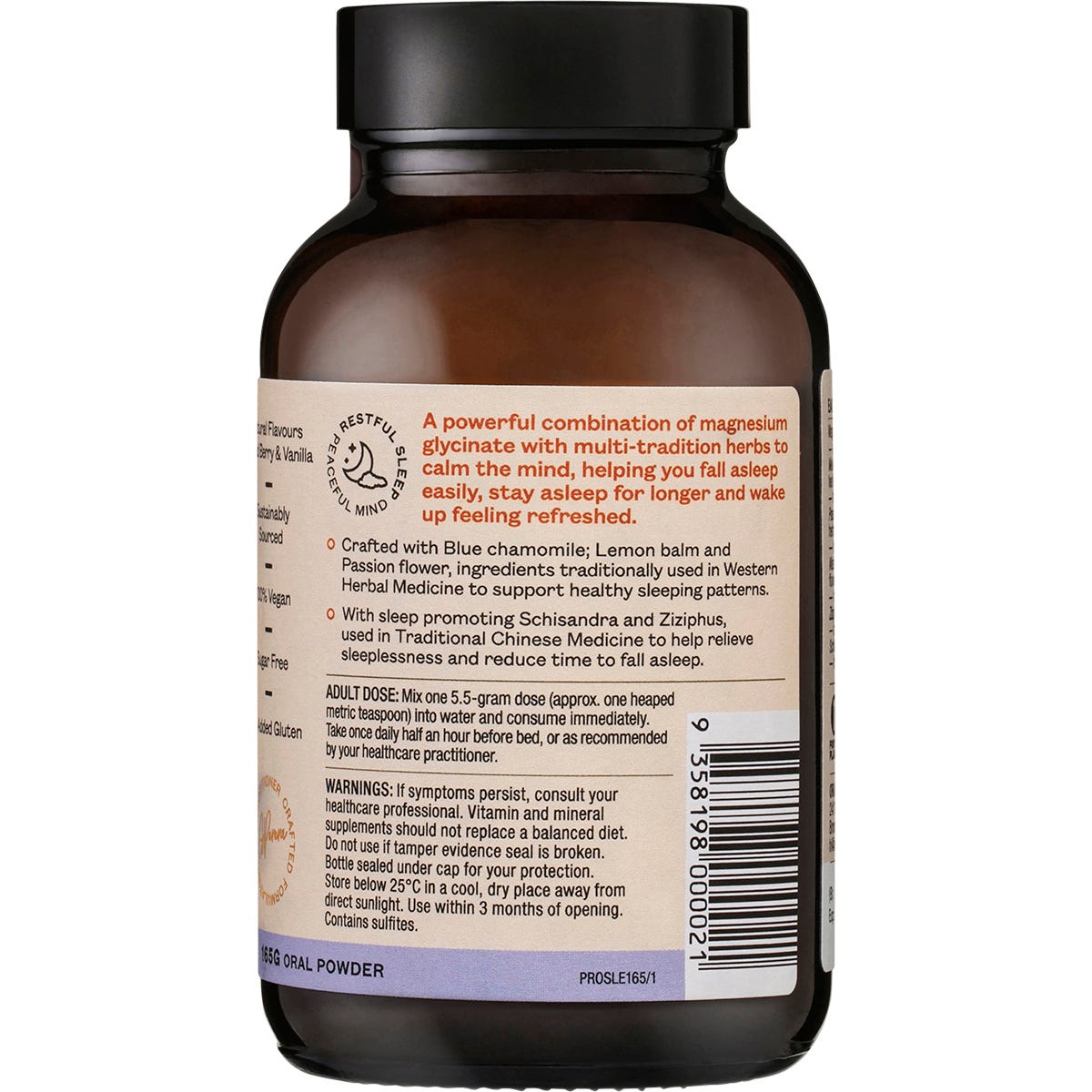 Side view of Ora Profound Sleep 165g powder tub showing directions, warnings, and botanical illustrations.
