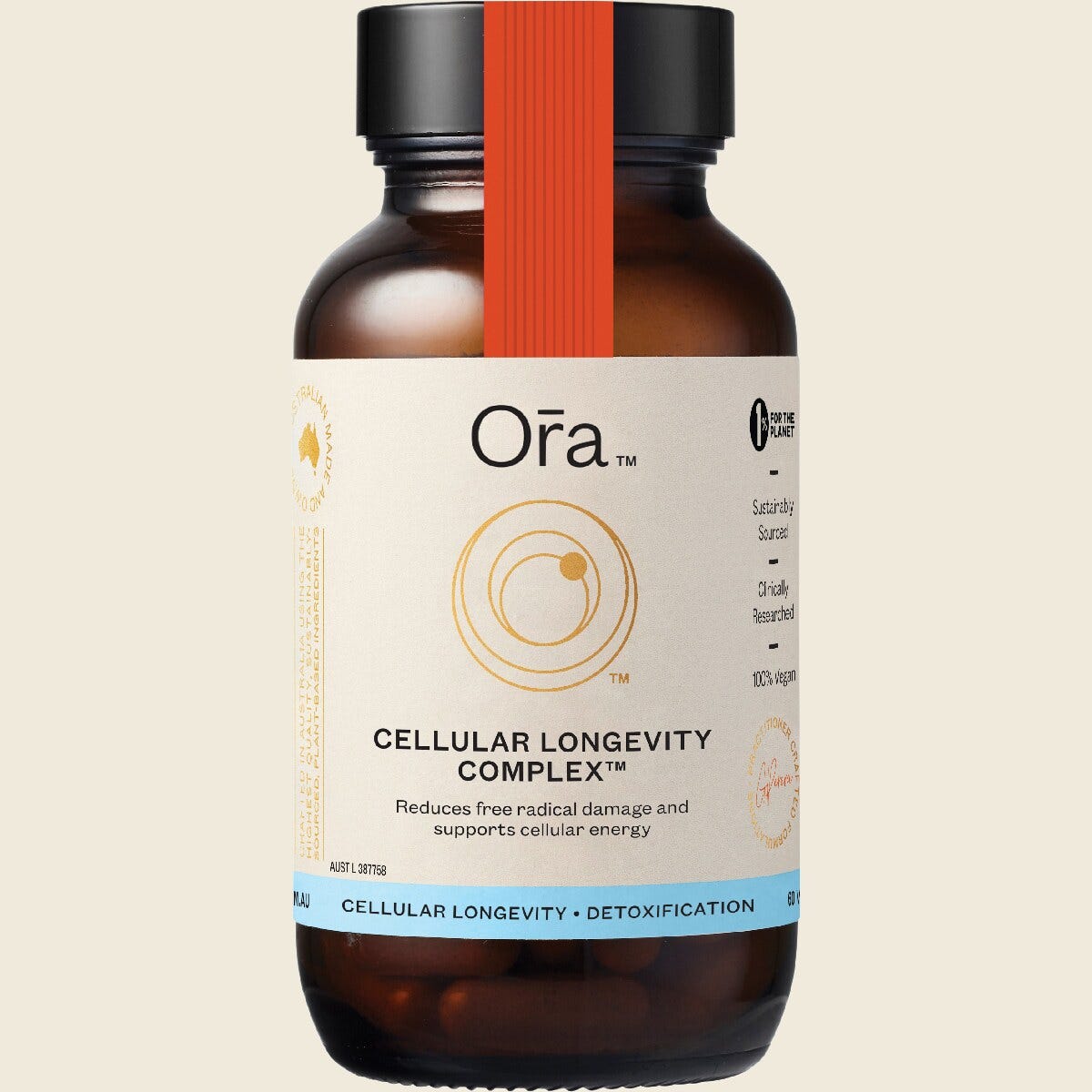 Ora Health Cellular Longevity Complex 60 capsules in a dark amber glass bottle with a clean white and gold label.
