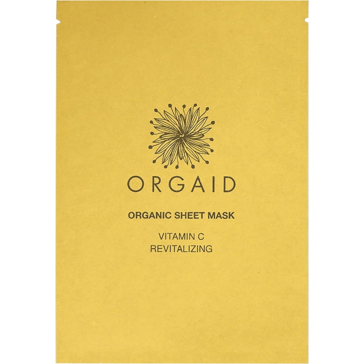 Orgaid Vitamin C and Revitalizing Organic Sheet Mask in a white and orange sachet.