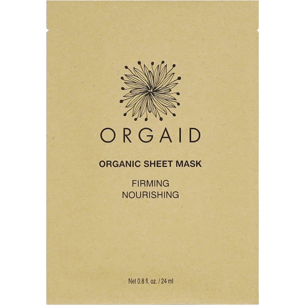 Orgaid Organic Sheet Mask Firming and Nourishing 24ml sachet with a white and green botanical design.