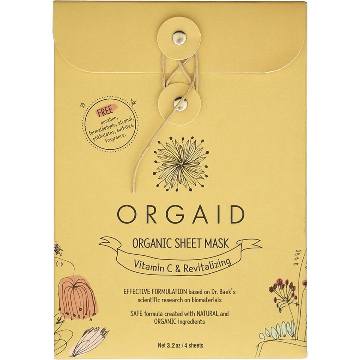 Orgaid Vitamin C and Revitalizing Organic Sheet Mask 4-pack box with orange peel and pomegranate illustrations.