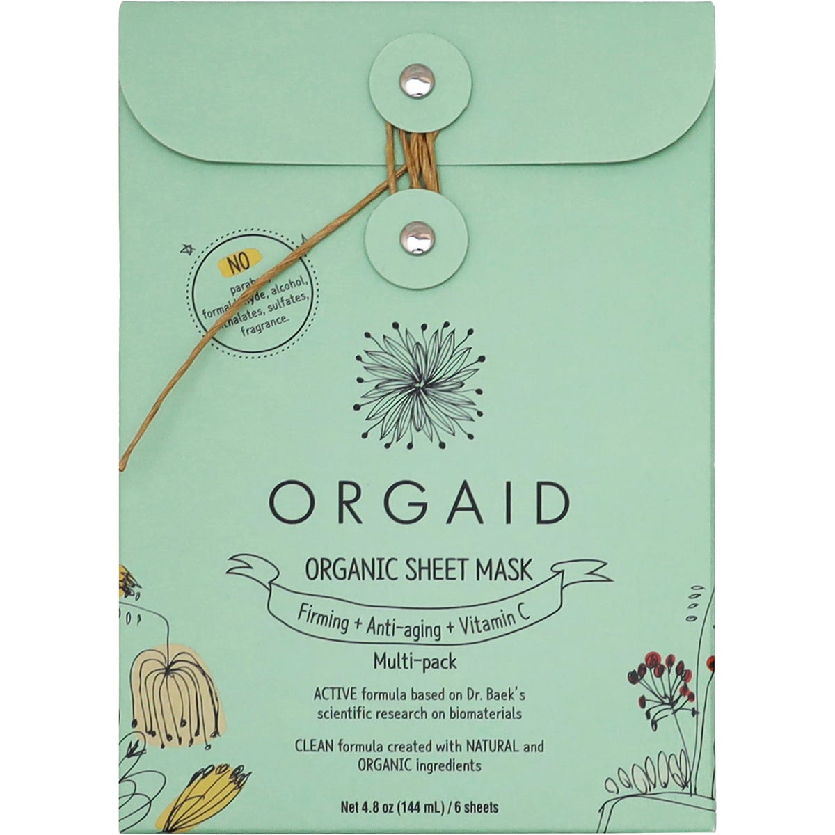 Orgaid Organic Sheet Mask 6-pack box and individual sachet for firming, anti-aging, and vitamin C.