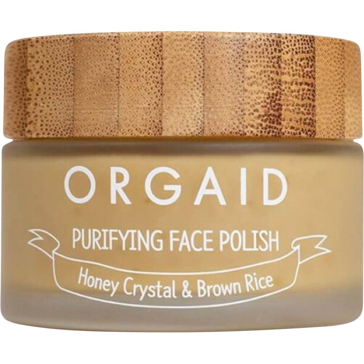56g jar of Orgaid Purifying Face Polish with honey crystal and brown rice on a white background.
