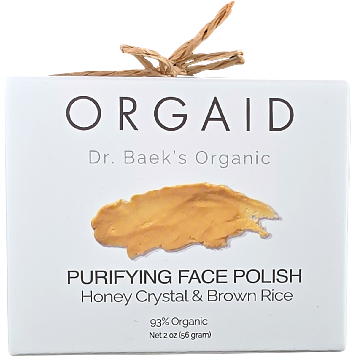 Front of Orgaid Purifying Face Polish box featuring honey crystal and brown rice illustrations on a white background.