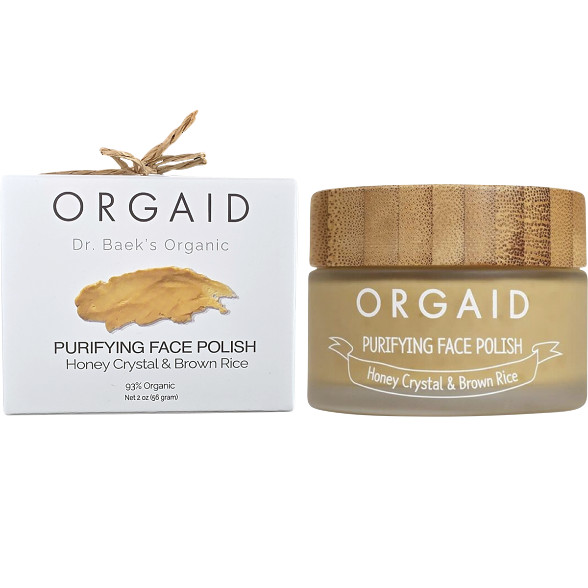 Orgaid Purifying Face Polish 56g jar and box featuring honey crystal and brown rice for organic exfoliation.