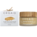 Orgaid Purifying Face Polish 56g jar and box featuring honey crystal and brown rice for organic exfoliation.