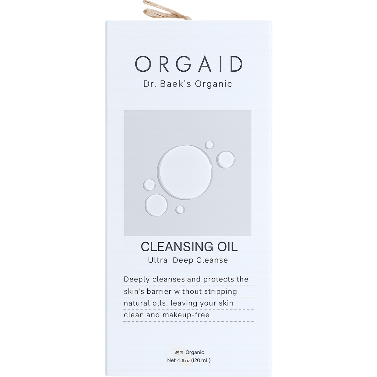 Front of Orgaid Cleansing Oil box featuring organic ingredients and key benefits for a deep cleanse.
