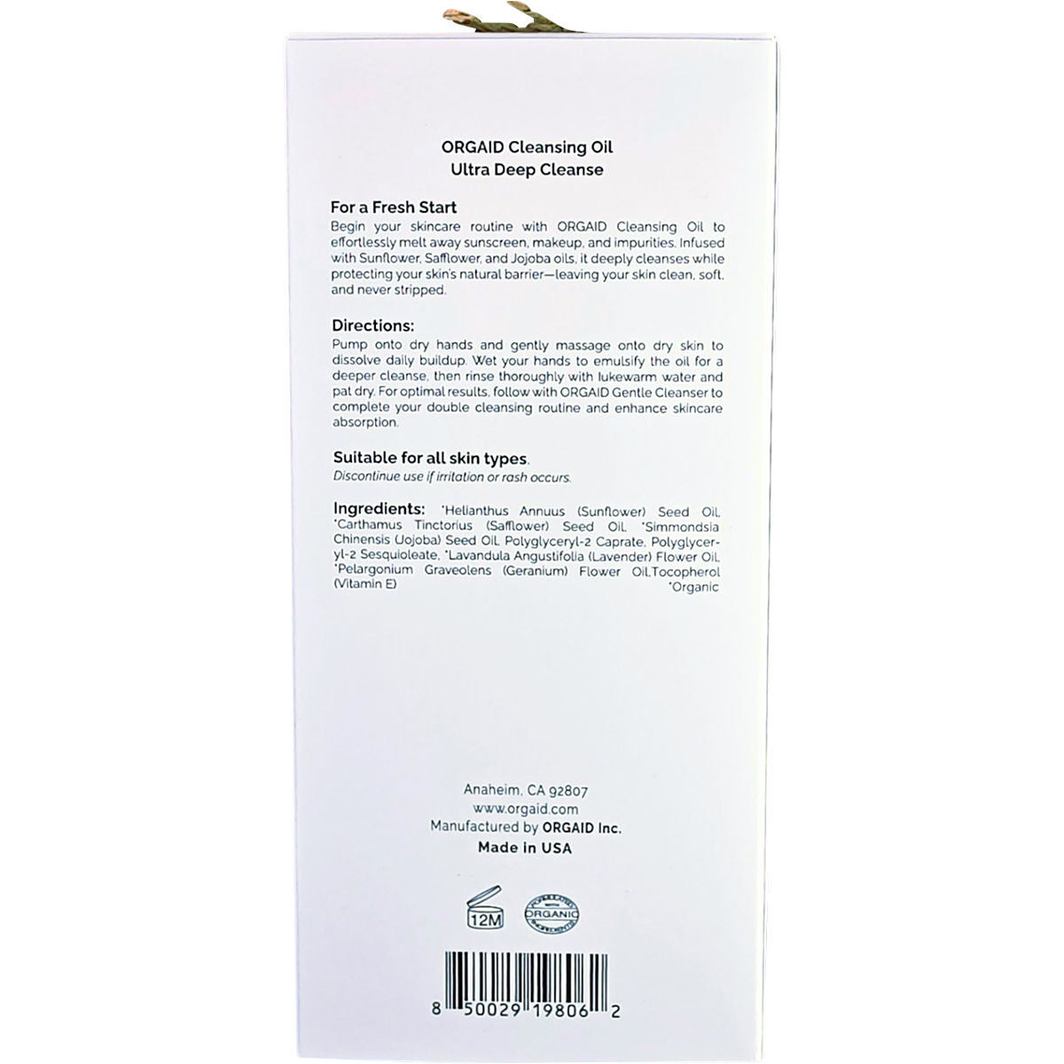 Back of Orgaid Cleansing Oil box showing ingredients, benefits, and usage instructions on a white background.