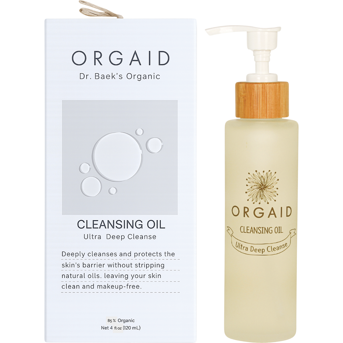 Orgaid Cleansing Oil 120ml bottle and box featuring organic sunflower, safflower, and jojoba oils.
