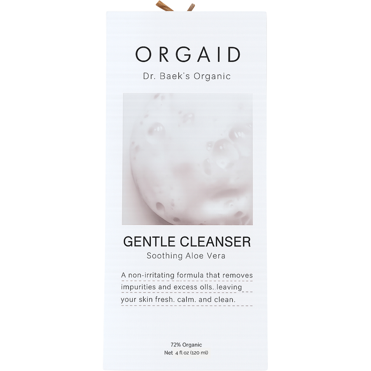 Front of Orgaid Gentle Cleanser 120ml box featuring soothing aloe vera and organic ingredients on a white background.