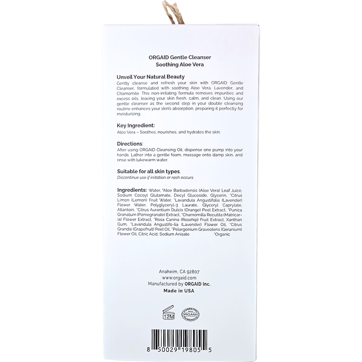 Back of Orgaid Gentle Cleanser box showing directions, key ingredients, and 120ml size on a white background.