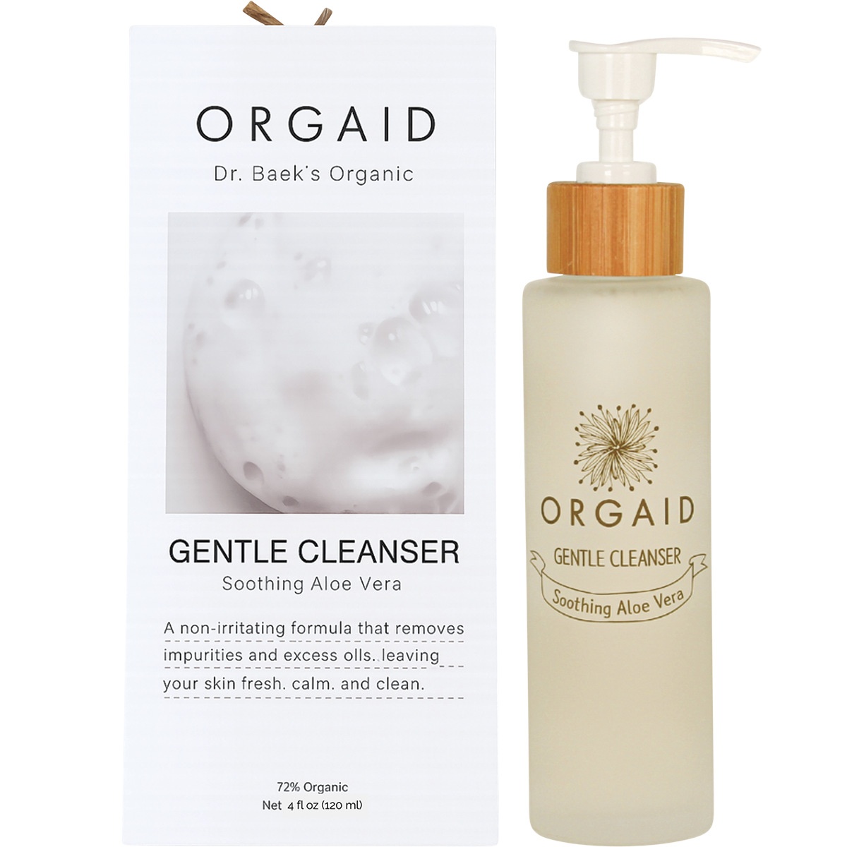 Orgaid Gentle Cleanser 120ml bottle and box featuring soothing aloe vera, lavender, and chamomile.