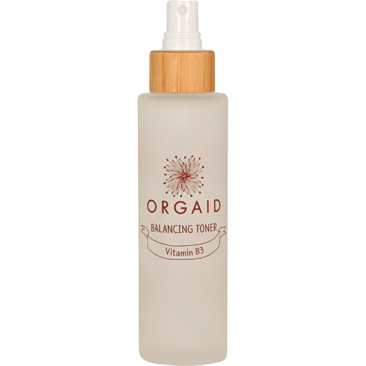 Orgaid Balancing Toner 120ml glass bottle with a bamboo cap on a white background.