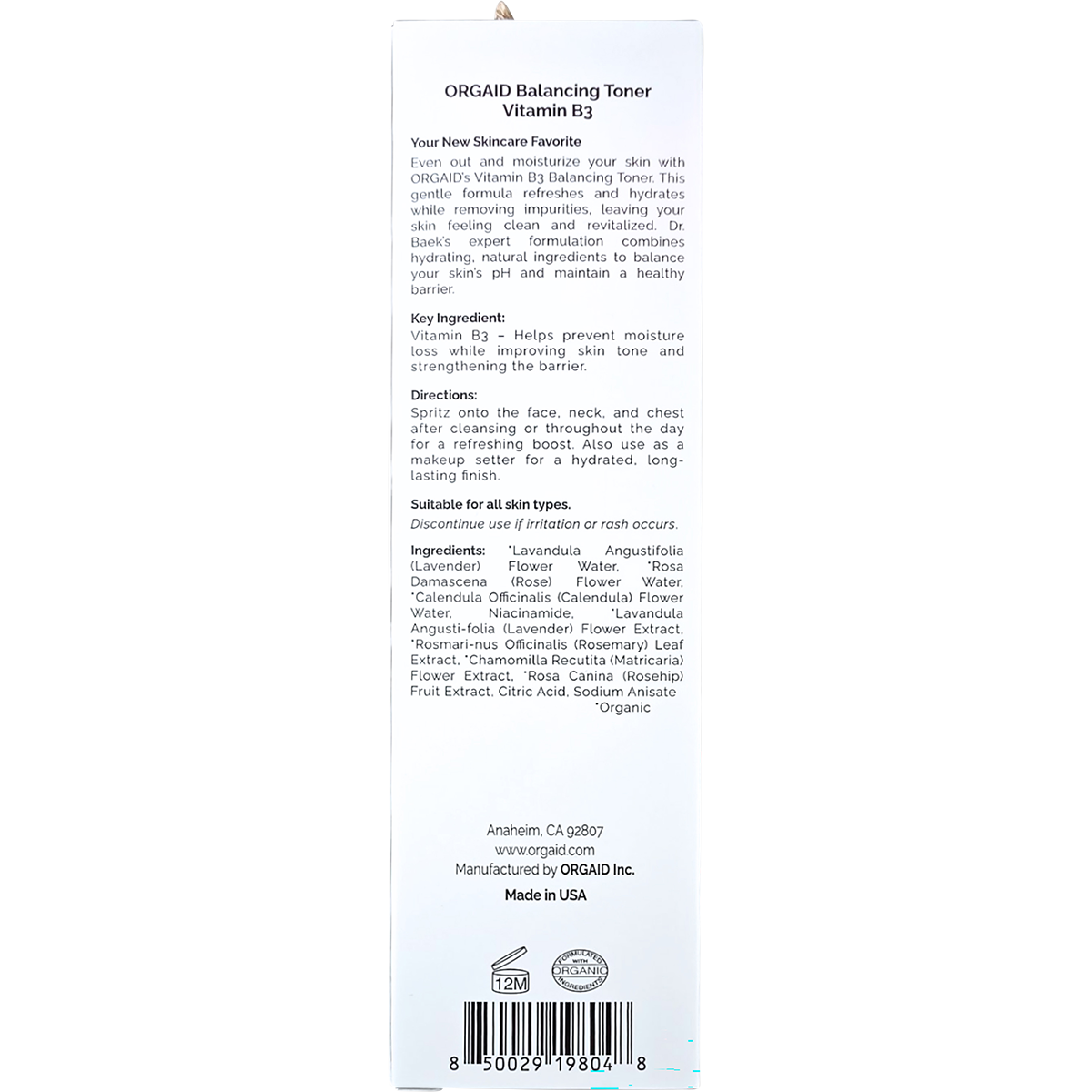 Back of Orgaid Balancing Toner box with Vitamin B3 benefits, usage directions, and full ingredients list.