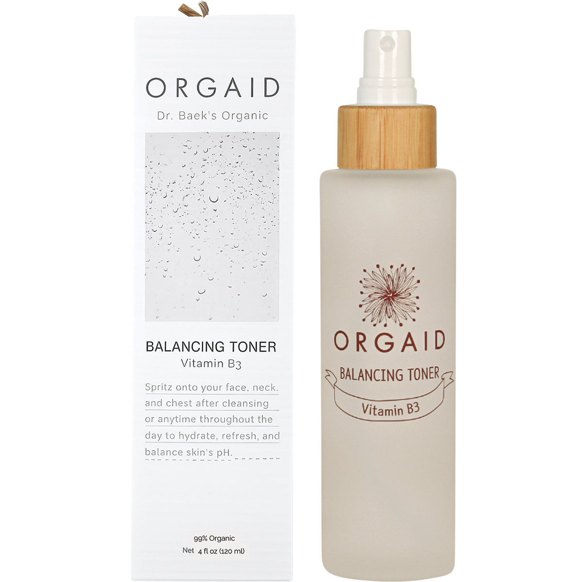 Orgaid Balancing Toner 120ml glass bottle with bamboo cap and matching cardboard box on a white background.