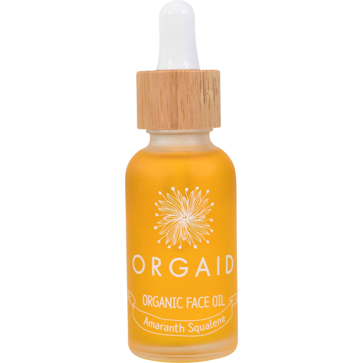 Orgaid Organic Face Oil 30ml glass bottle with amaranth squalene on a white background.
