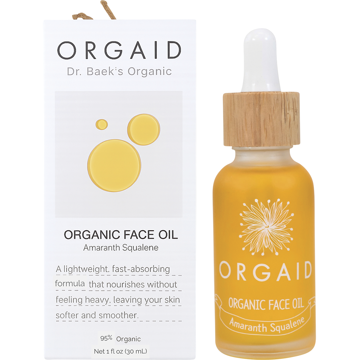 Orgaid Organic Face Oil 30ml glass bottle with amaranth squalene and its white cardboard packaging.