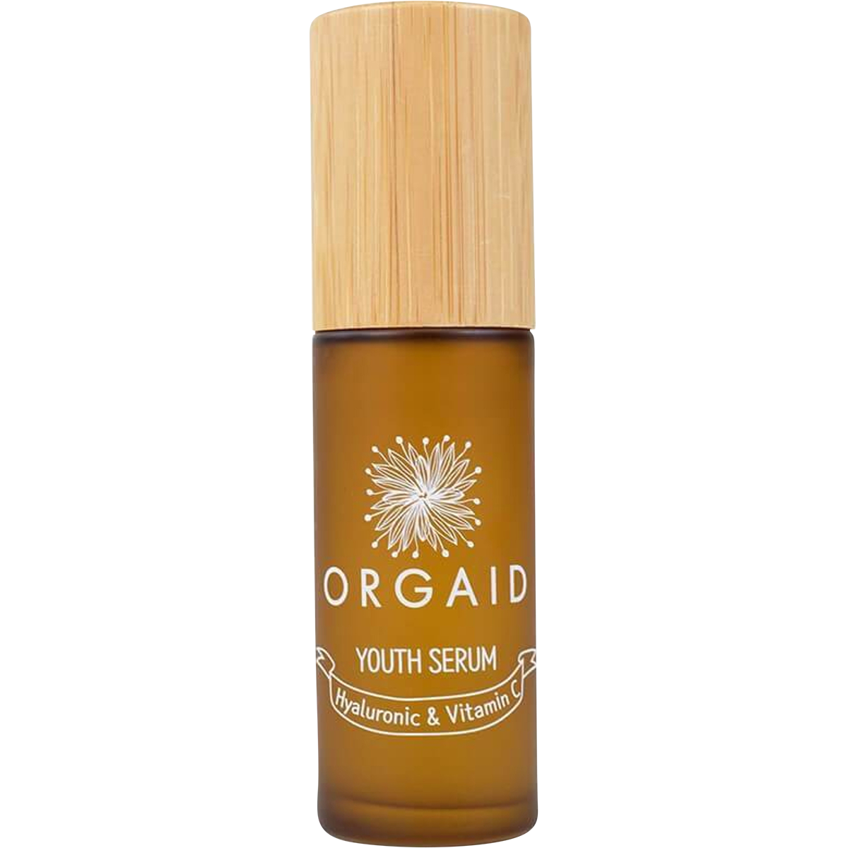 Orgaid Youth Serum 36ml bottle with a dropper and yellow label featuring Hyaluronic Acid and Vitamin C.