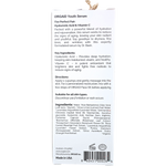 Back of Orgaid Youth Serum box with ingredients, benefits, and usage directions on a white and yellow background.