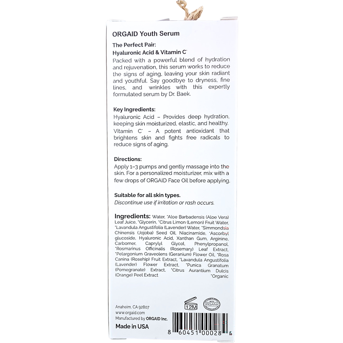 Back of Orgaid Youth Serum box with ingredients, benefits, and usage directions on a white and yellow background.