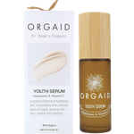 Orgaid Youth Serum bottle and box featuring Hyaluronic Acid and Vitamin C for glowing skin.