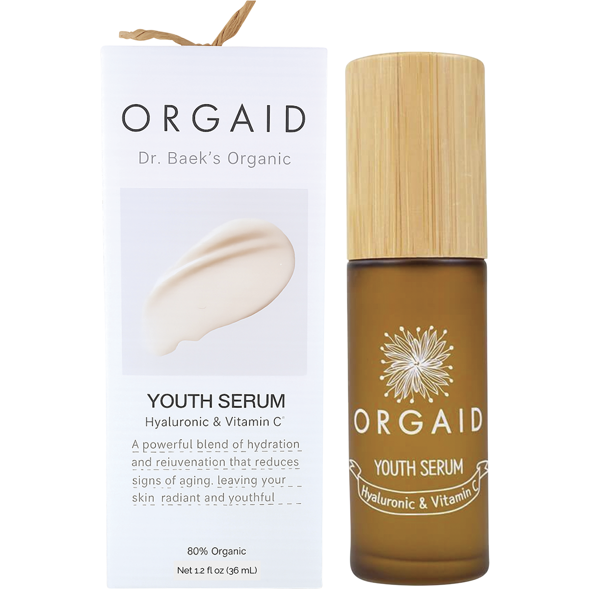 Orgaid Youth Serum bottle and box featuring Hyaluronic Acid and Vitamin C for glowing skin.