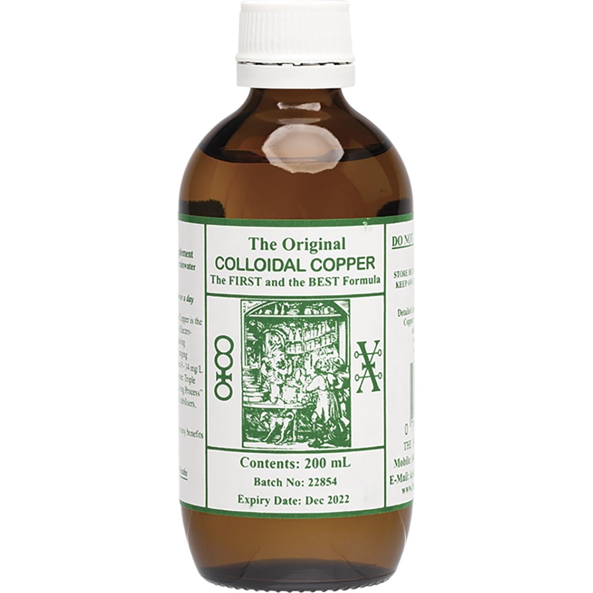 200ml glass bottle of Original Colloidal Copper with a blue label and black dropper cap on a white background.