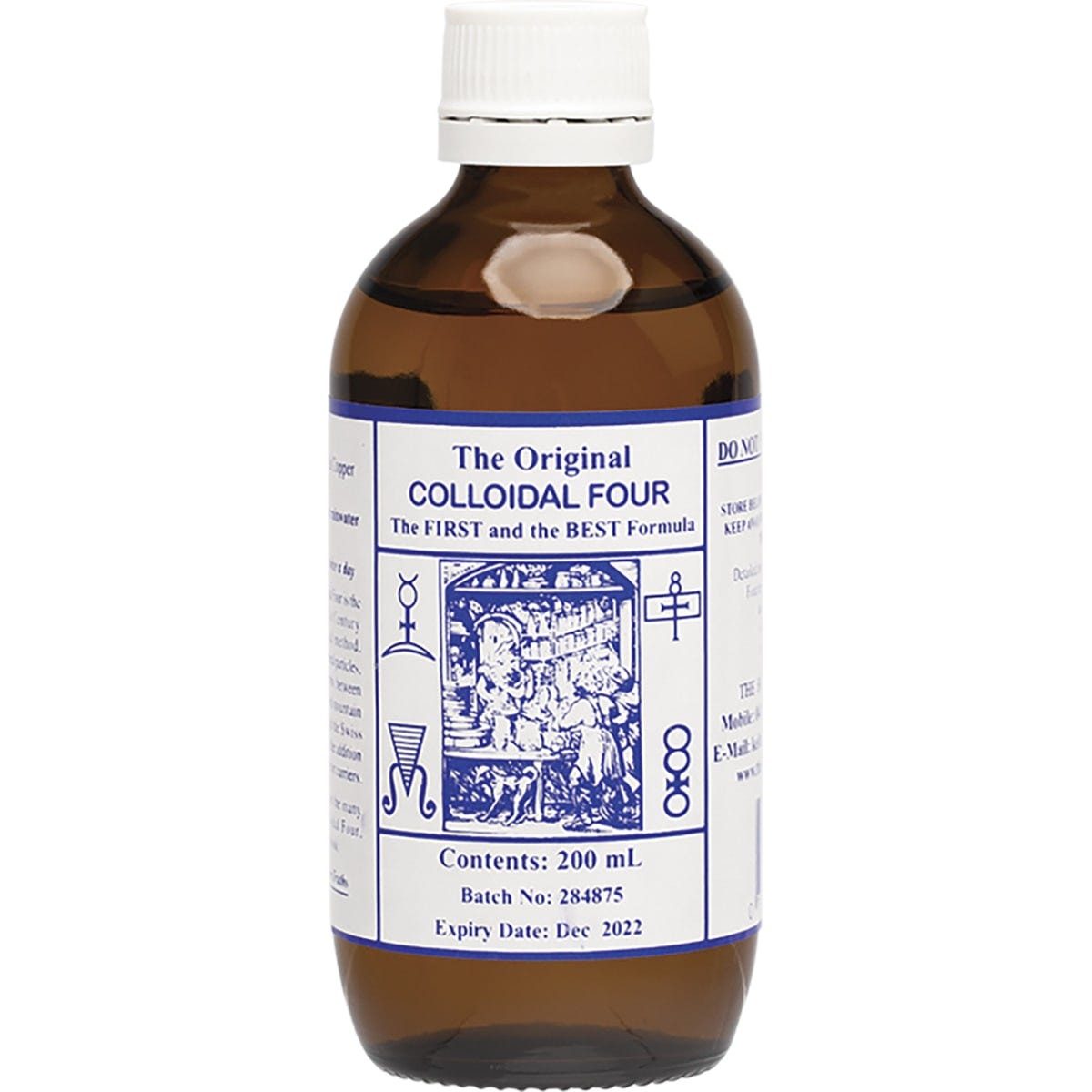 200ml bottle of Original Colloidal Colloidal Four with silver, gold, platinum, and copper minerals.