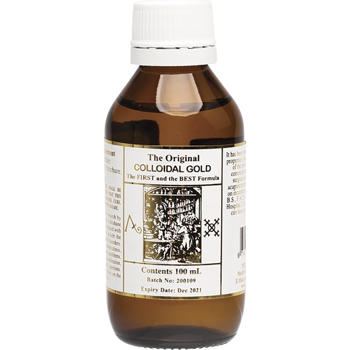 100ml amber bottle of Original Colloidal Gold liquid supplement with a white dropper cap.